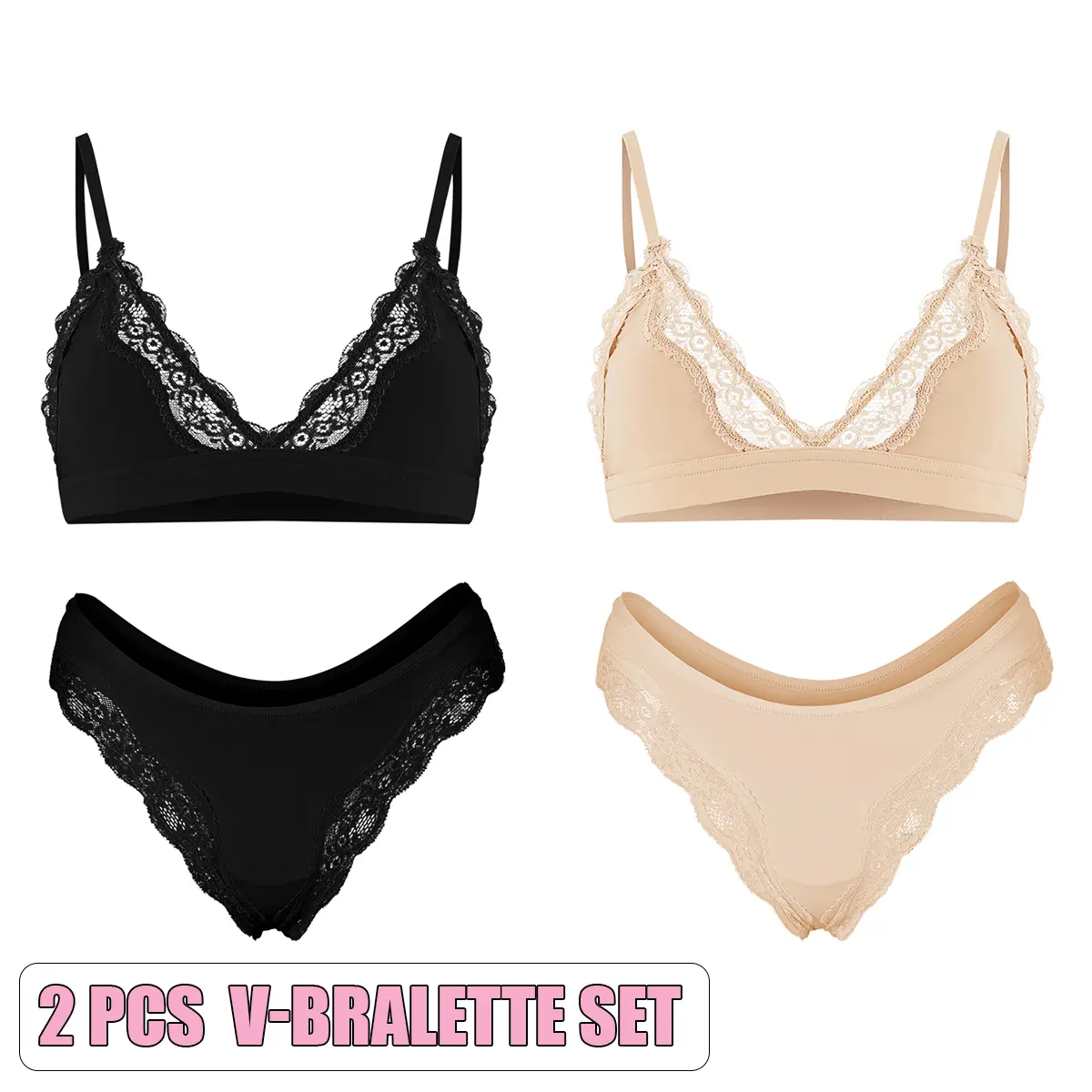 V-Bralette Set(Black/Beige)