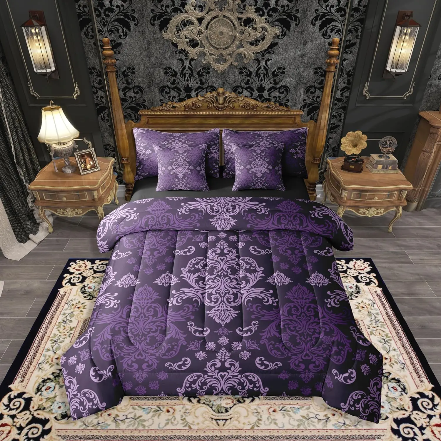 Feelyou Queen Size 7-Piece Soft Decorative Bedding Set - Breathable Bed-in-A-Bag with Sheets, Purple Black Damask Victorian Baroque Design for Adults (Also Fits Full, King Sizes), Bedding Sets, Bed Comforter Set