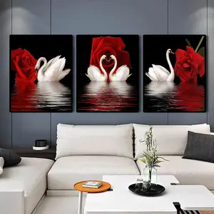 Swan & Rose Pattern Unframed Painting, Flower Painting Canvas, 3 Counts/set Modern Canvas Wall Art, Wall Decor for Home Living Room & Bedroom & Office & School
