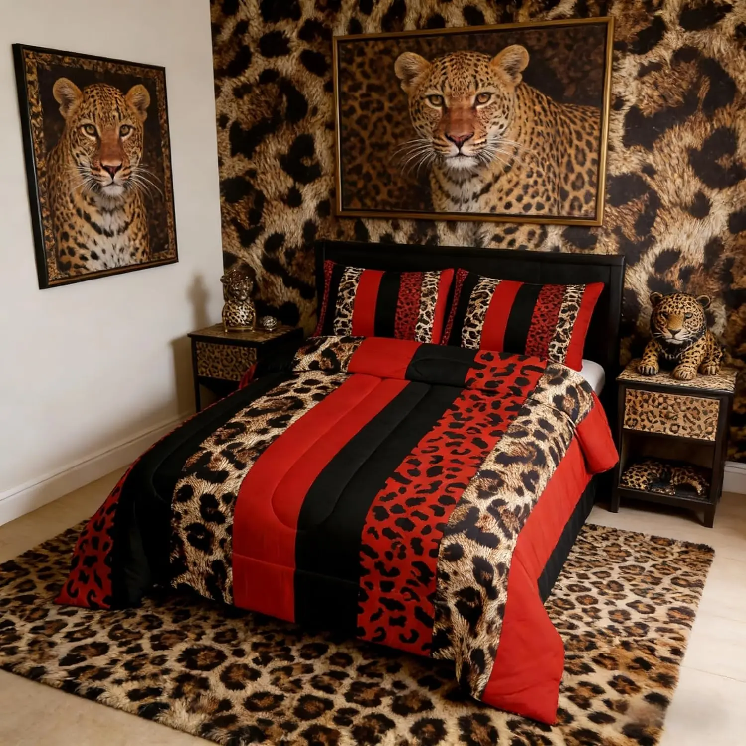 Leopard Print Comforter Set,Cheetah Skin Fashion Bedding Set Adults Room Decor,Geometric Stripes Patchwork Down Comforter,Red Black Brown Duvet Insert