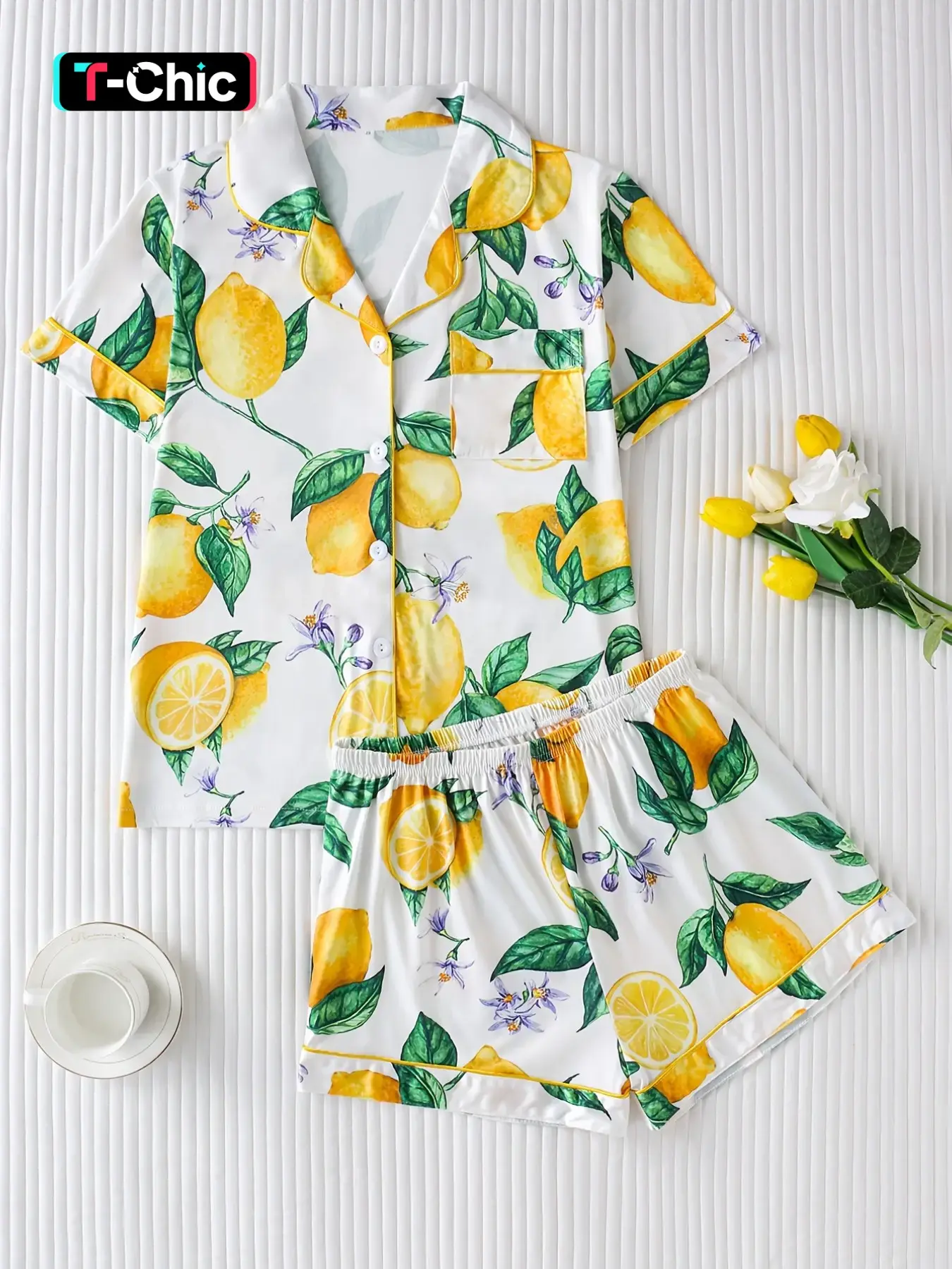 Women's Lemon Printed Sleepwear, Homewear, Nightwear Lounge Set, Loungewear Set, Pajama Outfit, Lounge Pj Set, Collared Button Short Sleeve Top & Loose Comfortable Shorts, Elegant Ladies' Pajama Set