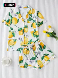 Women's Lemon Printed Sleepwear, Homewear, Nightwear Lounge Set, Loungewear Set, Pajama Outfit, Collared Button Short Sleeve Top & Loose Comfortable Shorts, Elegant Ladies' Pajama Set