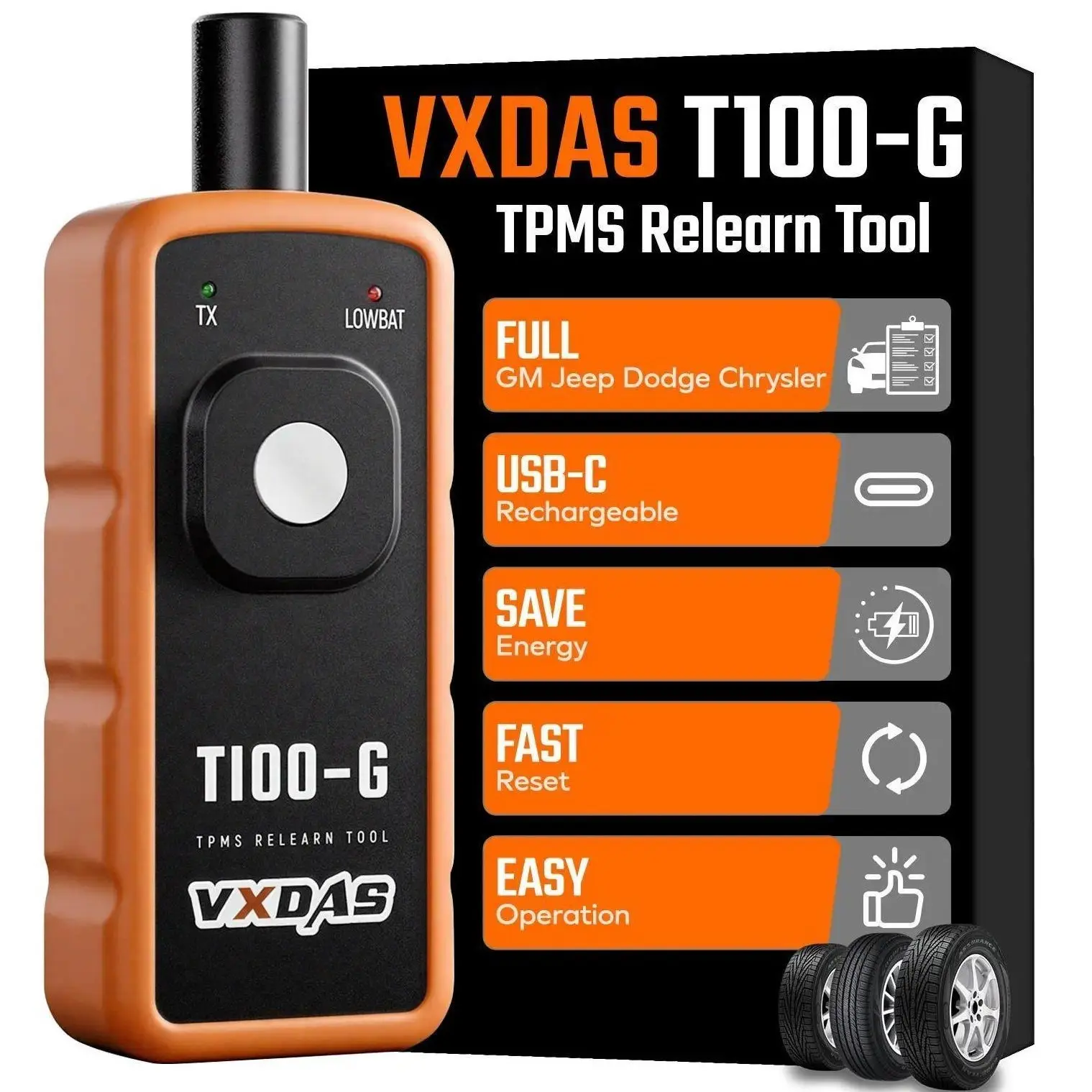 VXDAS T100-G TPMS Relearn Tool, USB-C Rechargeable Tire Sensor Activation & Reset Tool for GM, Jeep, Dodge, Chrysler, Chevrolet, GMC, Buick, Cadillac Vehicles