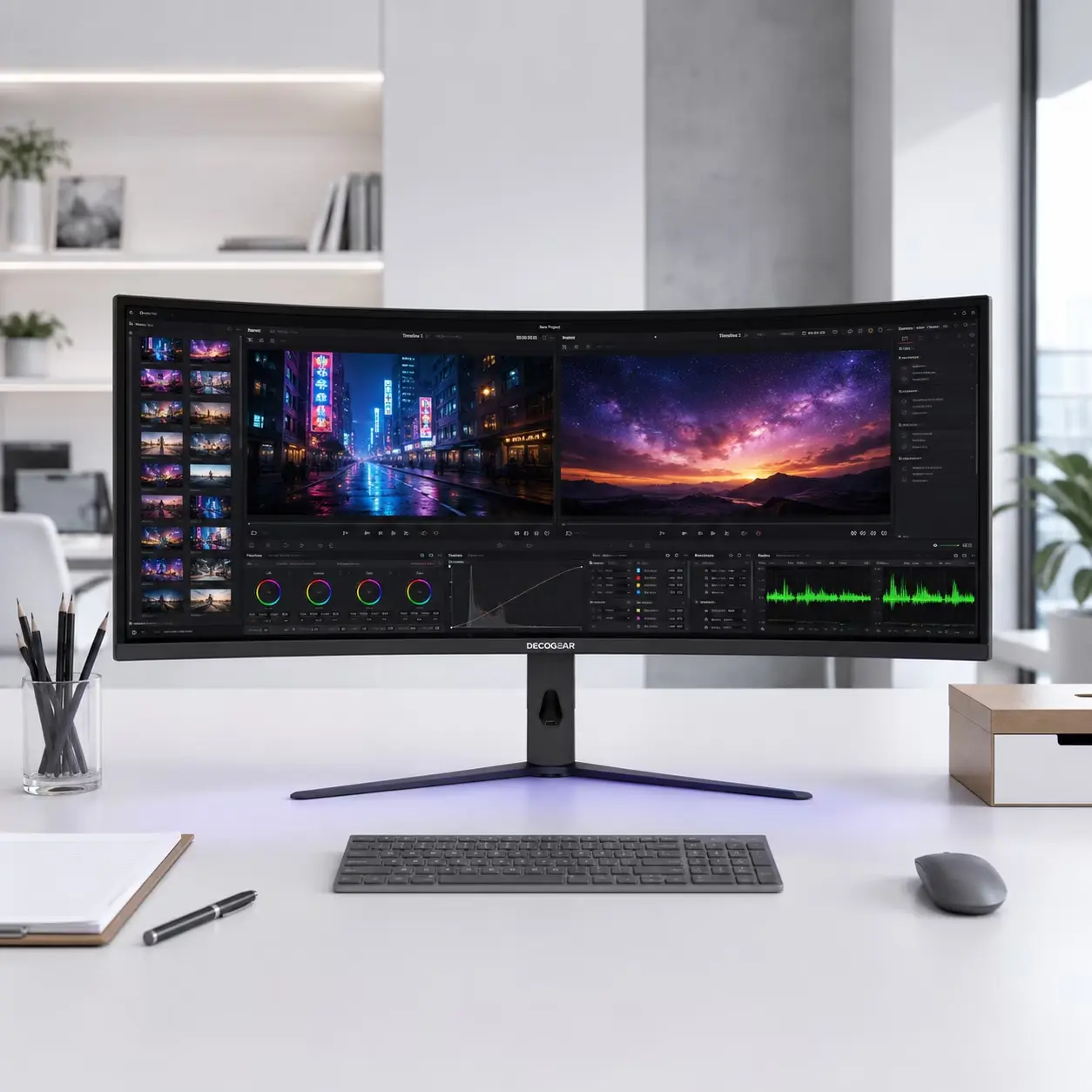 Deco Gear 49" Curved Ultrawide Monitor, 5120×1440 Dual QHD, 120Hz, 3ms, 32:9, R1000, HDR, Adaptive Sync, USB-C, HDMI 2.1, DisplayPort 1.4, PIP/PBP, Ergonomic Stand