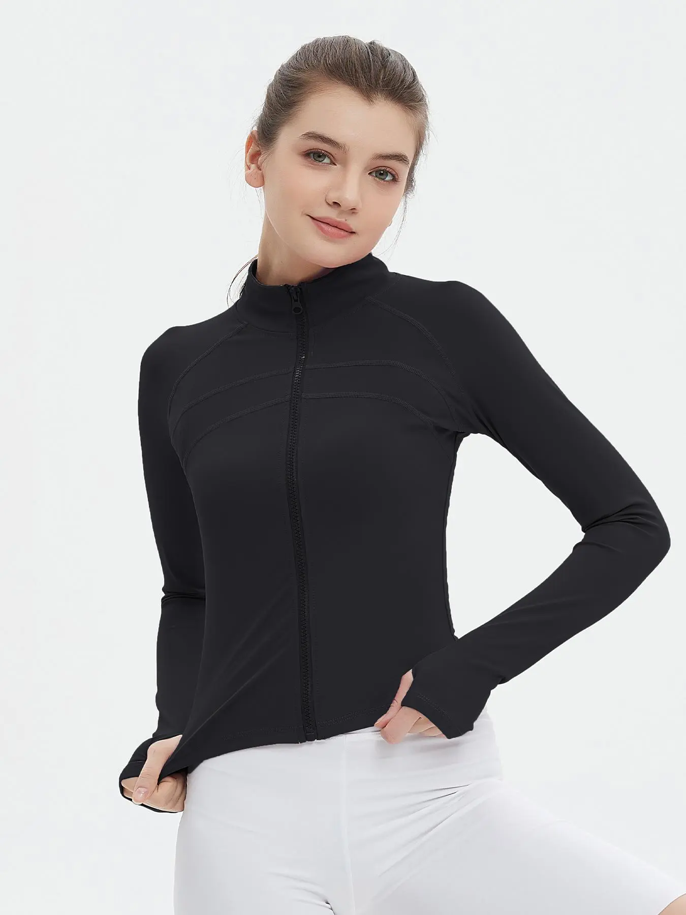 Women's Thumb Hole Zip Up Sports Jacket, Quick Drying Raglan Sleeve Sports Outerwear, Ladies Sportswear Clothing for All Seasons travel jacket flexible clothes