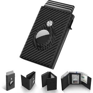 Mens Smart Wallet Card Holder for AirTag: Leather, Compatible with Apple Air Tag, RFID Blocking, Slim, Carbon Fiber, Minimalist - 9-14 Card Capacity | ID Window | Cash Slot (Black)