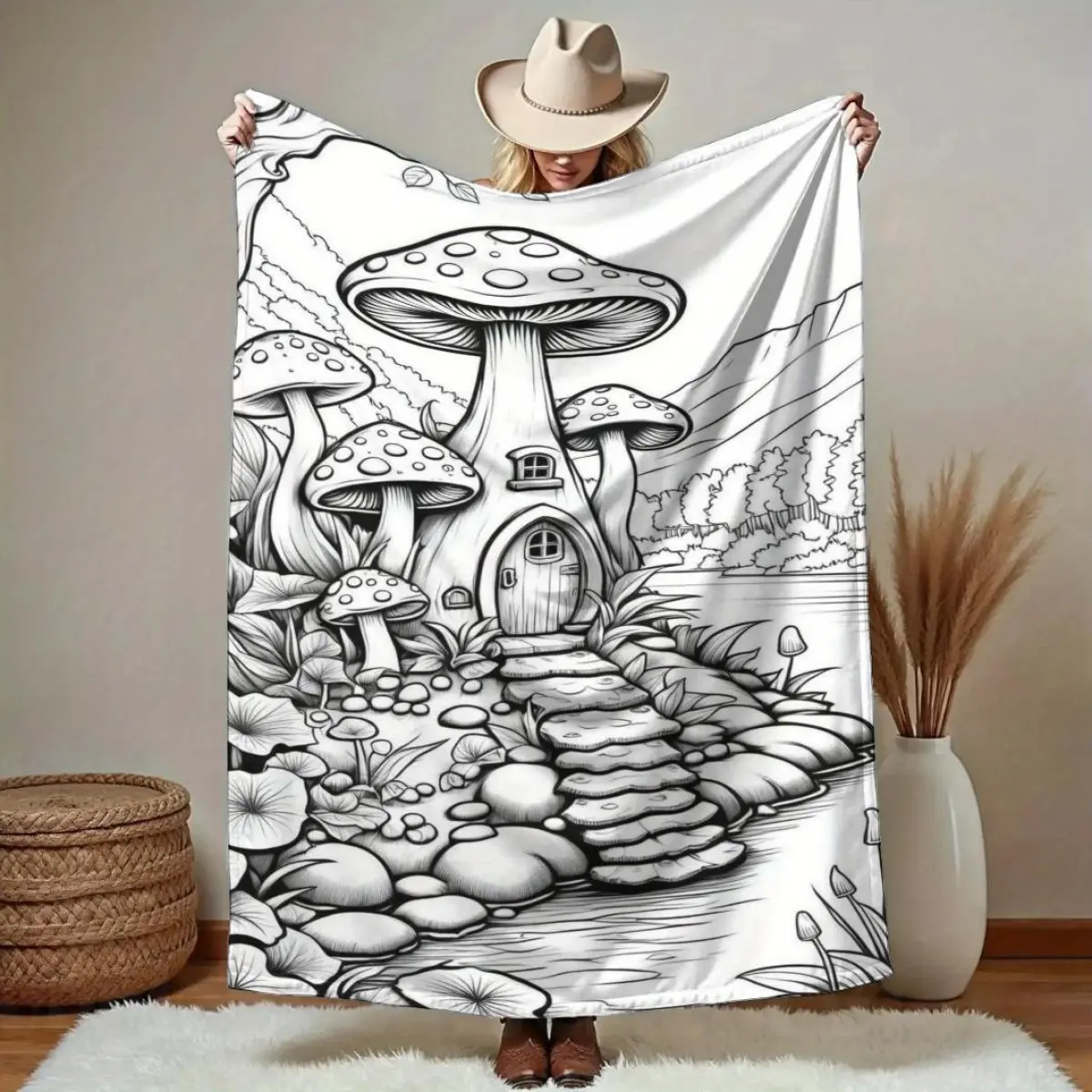 DIY Painted Mushroom Print Blanket Shawl - Soft, Warm Textile for Adults, Creative Home Decoration & Ideal Gift for Anniversaries, Festival Parties