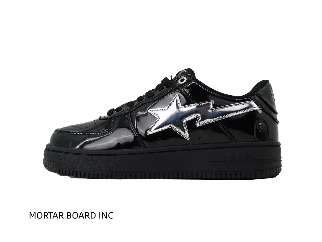 Brand New Unisex All‑Black Silver‑Star Glossy Patent Leather Low Top Sneakers Glossy Patent Leather Upper Black Non‑slip Rubber Thick Outsole Dark Cool Vibe Street Board Shoes