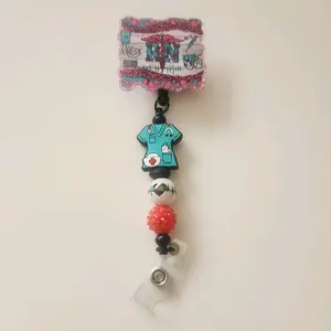 RN Badge Reel with Scrubs - Decorative Design, Includes Beads and Stethoscope Charm, Ideal for Nurses