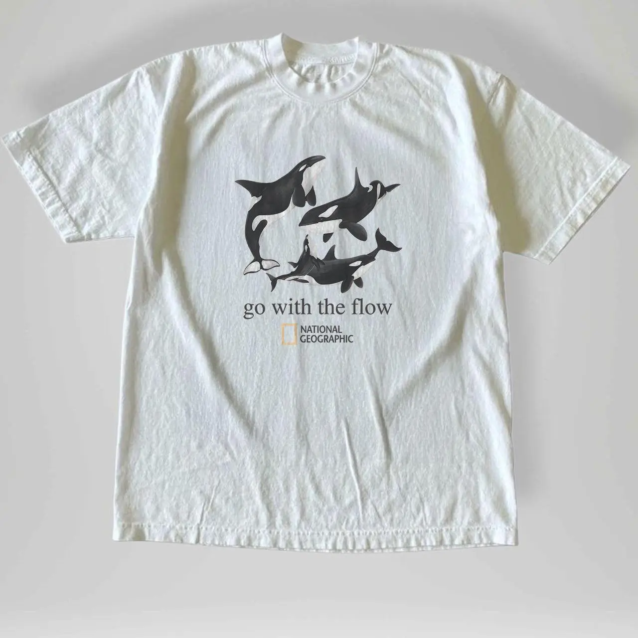 Gildan Men's White T-shirt, Vintage Style National Geographic Orca Whale Go With The Flow Graphic T-Shirt, Orca Whale Graphic Shirt, Go With The Flow Tee, Ocean Lover Shirt, Minimal Marine Life Graphic Tee, Coastal Aesthetic Unisex Gift