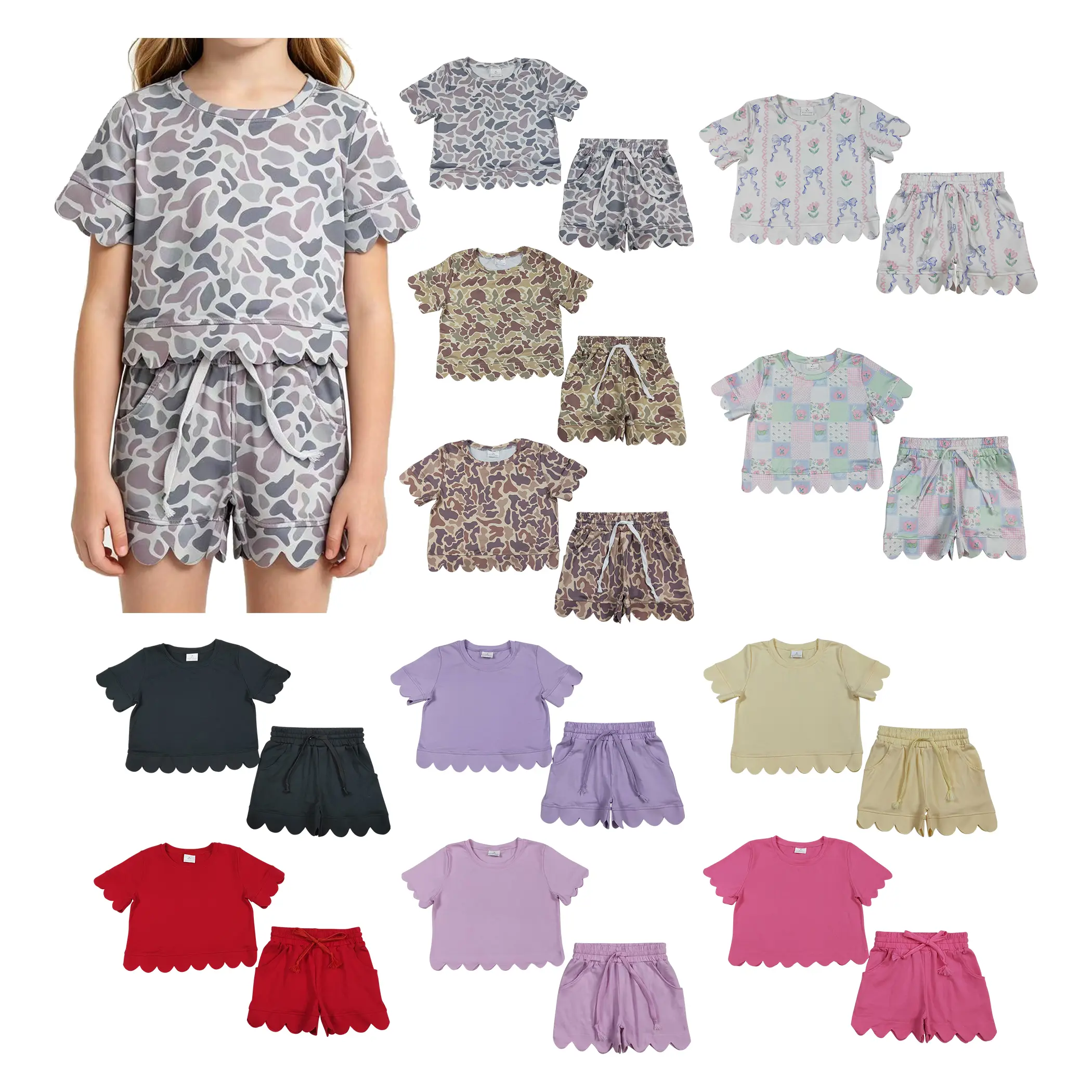 Girls' 2-Piece Summer Girlset, Solid Color Casual Crew Neck Outfit with Scalloped Edge Top & Shorts with Pockets, Casual Outfits, Kids Clothing Girls