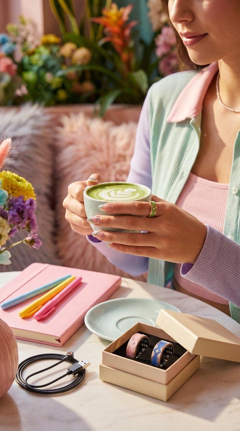 Aesthetic Smart Ring for Women & Men - Pink/White/Green Wellness Tracker, No Monthly Fee, 6-Language App & Manual, 5ATM Waterproof Jewelry Ring, Ideal Birthday Gift for Her