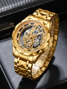 Full Gold Hollow Automatic Mechanical Watch, Skeleton Watches, 3D Cut Shell & Diamond Markers, Precision Gears, High-End Feel, Analog Face, All Seasons