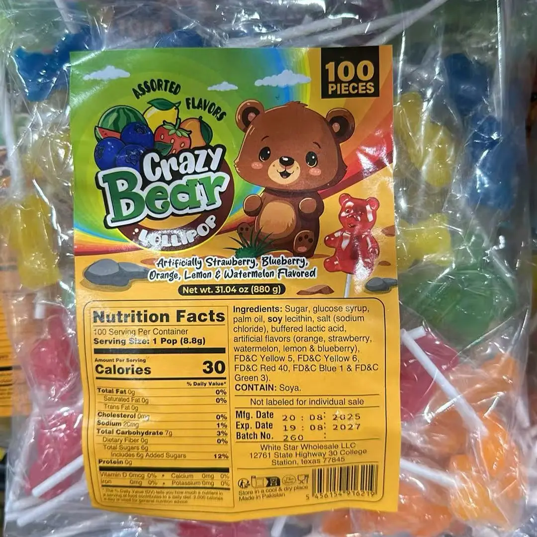 100 Pcs Crazy Bear Lollipops Assorted Fruit Flavors, Colorful Bear Shaped Hard Candy On Stick, Individually Wrapped Suckers, Party Favors, Birthday, Halloween, Pinata Stuffers Bulk Candy