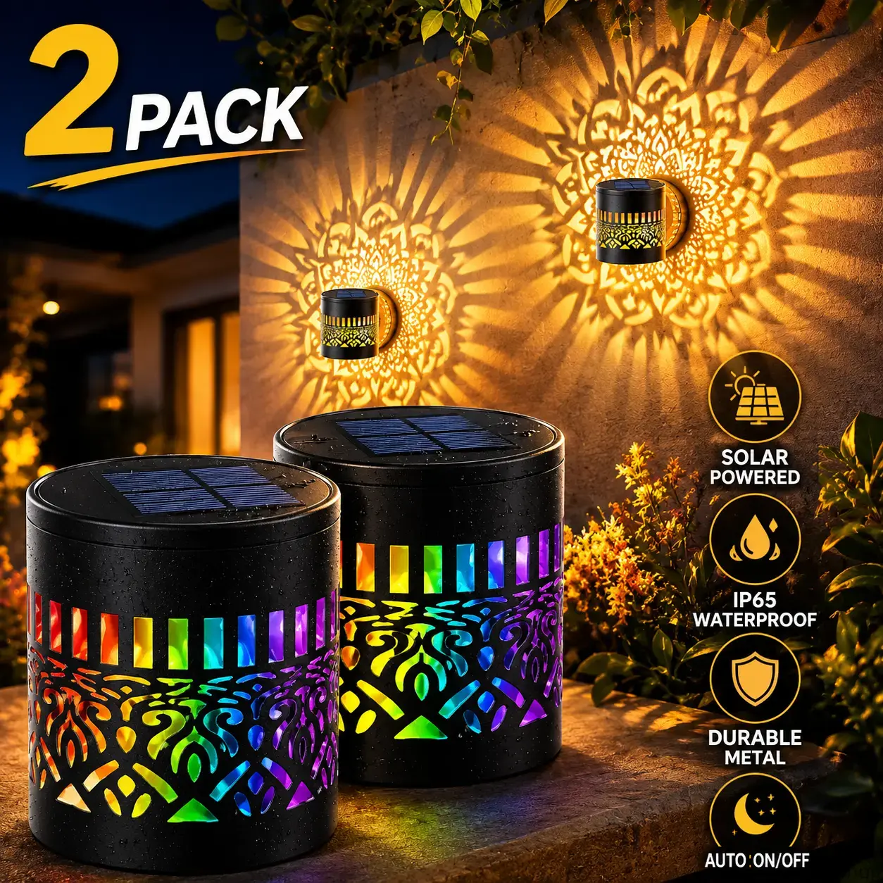 Mandala Solar Wall Lights - Outdoor Waterproof Solar Powered Geometric Shadow Projection Flower Wall Sconce with 3m Adhesive, 5-8 Hours Charging, 6-12 Hours Long-Term Lighting for Patio Decor Gift (Home & Festive Supplies)
