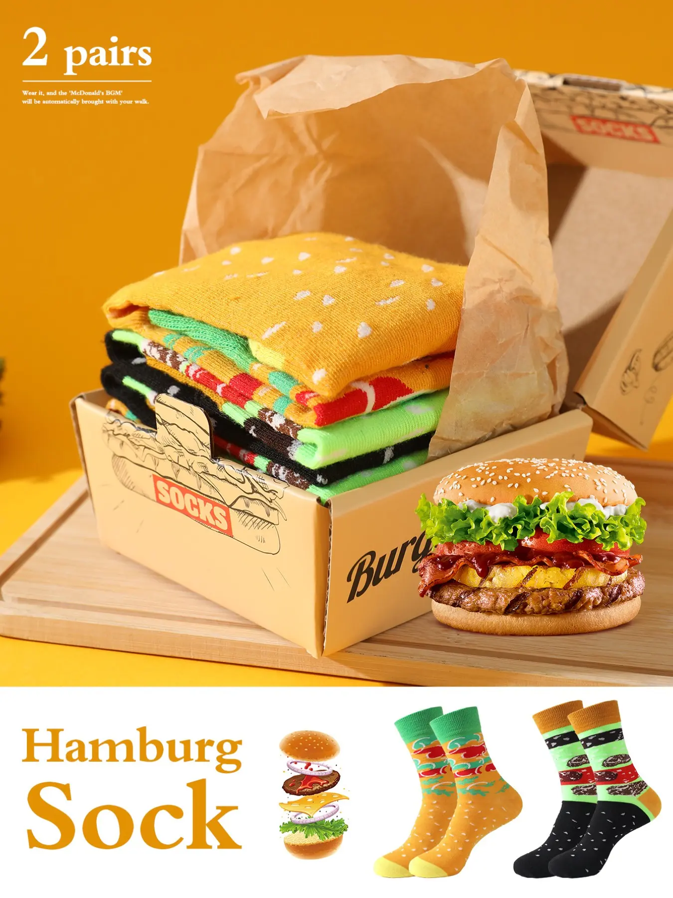 2 Pairs Colorful Cute Mid-Calf Gift Socks, Unisex Sports Casual Socks Box Set, Soft Comfortable Burger Socks, Creative Food Design
