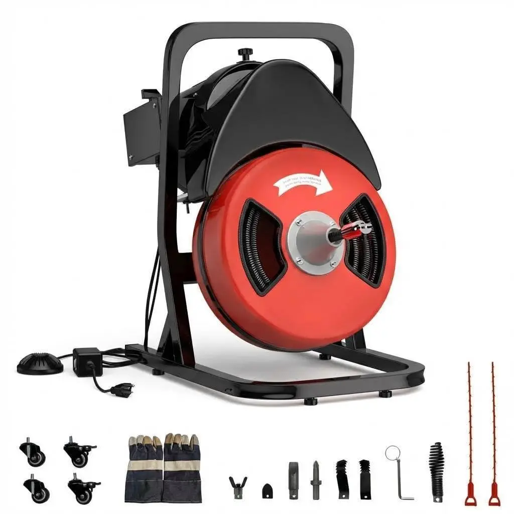 Drain Cleaner Machine, Drain Auger 50ft x 1/2 Inch Drain Cleaning Machine with 450W Motor & 4 Cutters for 2" to 4" Pipes, Includes Air-Activated Foot Switch