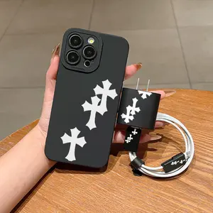 5 Piece Set Simple Cross Phone Case, Charger Head Cover, Cable Protector, Storage Rope, Anti-Drop Tpu Protective Case for iPhone Shockproof Tpu Cover, Shockproof Cellphone Accessory