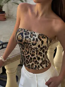Women's Sexy Elegant Leopard Sequin Halter Crop Top, Y2K Fashion Street Style, Casual Chic Clothing, Perfect for Daily Wear, Party & Trendy