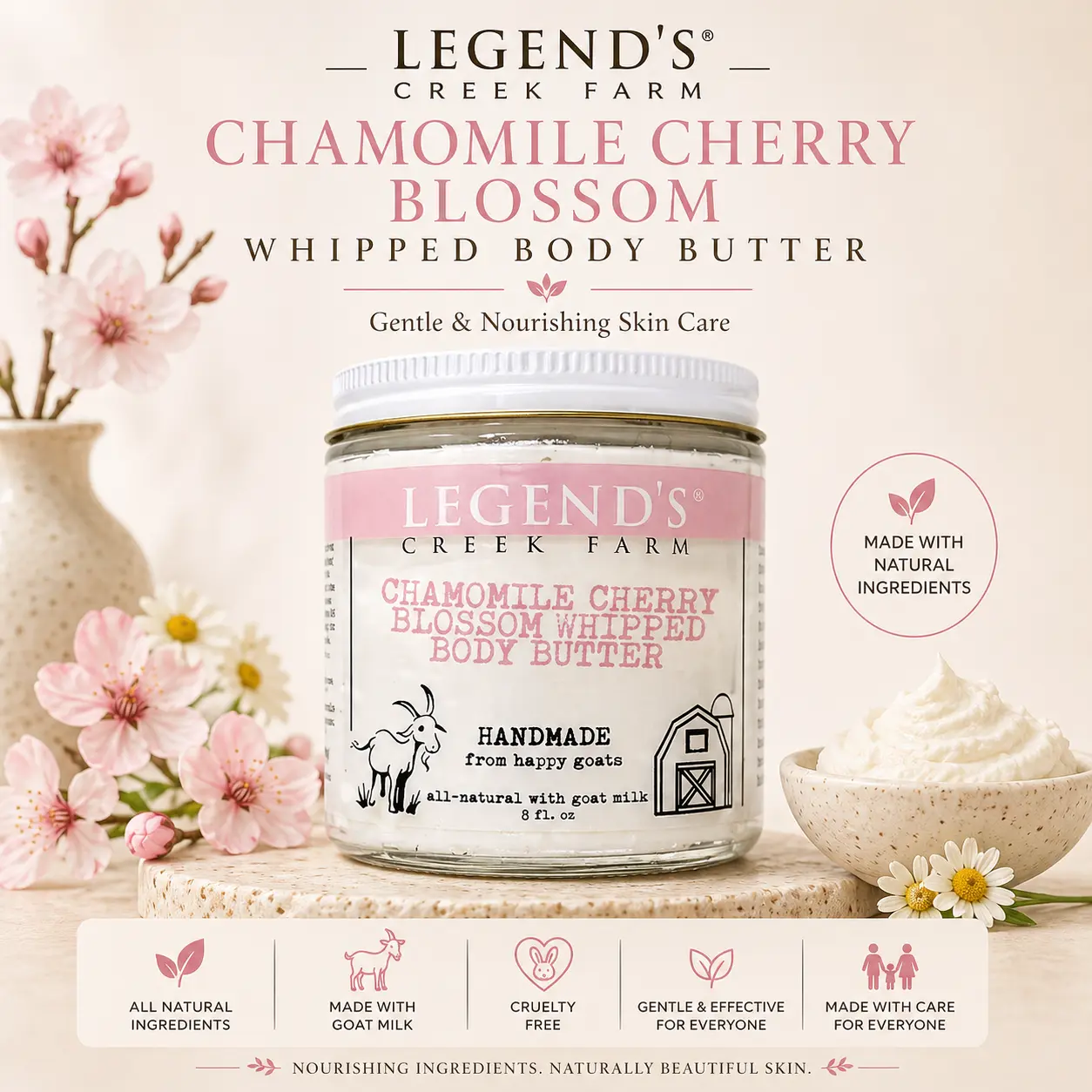 Legend's Creek Farm 8oz (8 fl. oz) Cruelty-Free Fluffy Whipped Body Butter Jar - Chamomile, Cherry Blossom & Grape Scents, Shea Butter Infused Natural Moisturizer for Dry Skin