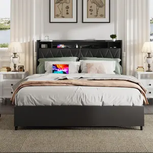 Full Size Bed Frame with Ergonomic Headboard, Full Platform Bed Frame with Outlets & Charger, Full Bed Frame with Storage Shelf, Bed Frame Full Size, Noise-Free, No Box Spring Needed
