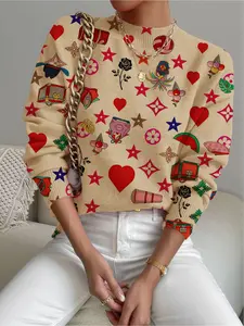 Women's Geometric Print Stand Collar Sweater, Casual Long Sleeve Knitwear for Fall Winter, Comfortable Warm Daily Wear