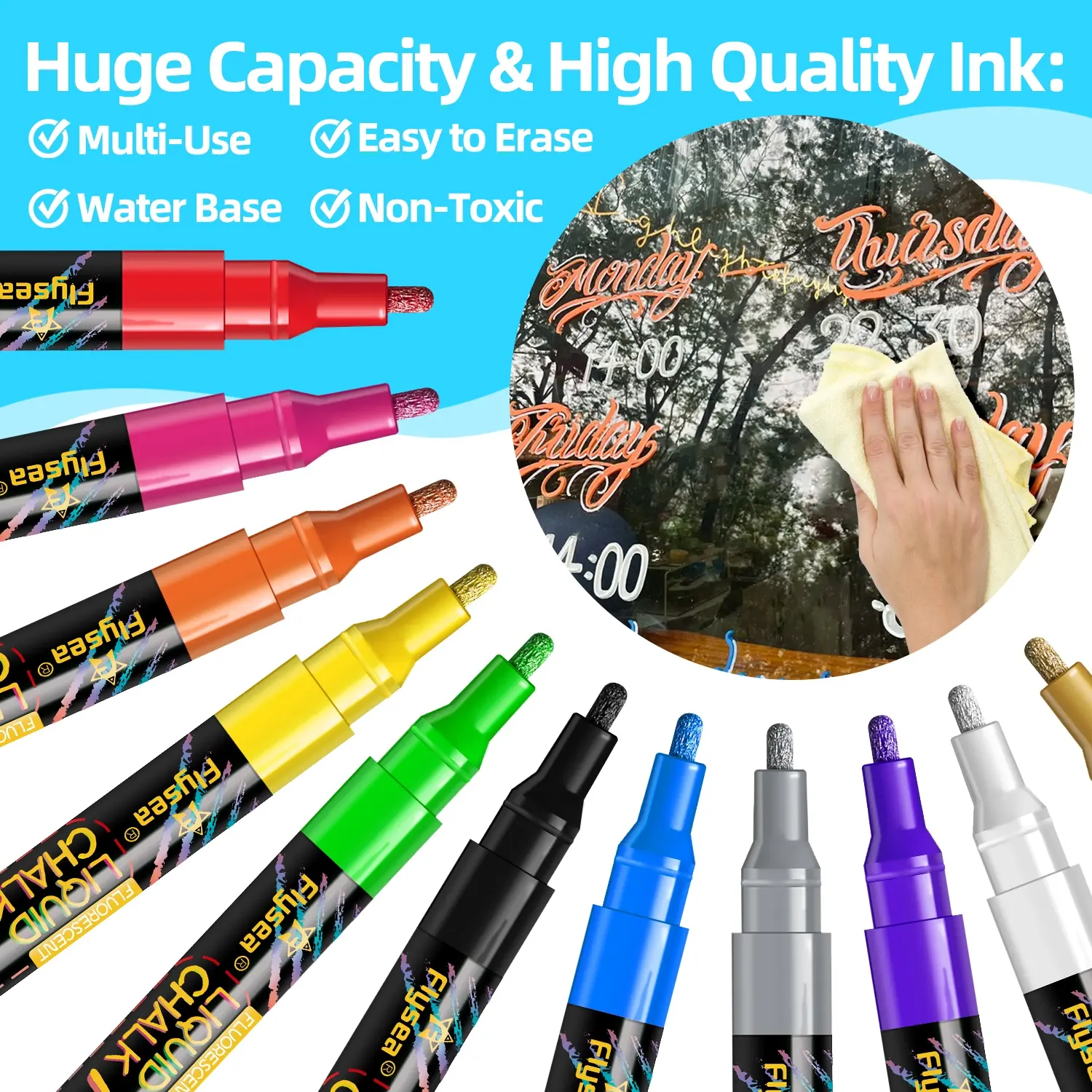 8/12 Color Liquid Chalk Pens, Washable and Erasable, PVC Box, Ideal for Blackboard, Whiteboard, LED Glass, Car Window Art