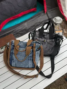 Retro casual color-blocked denim mini handbag, simple and versatile everyday shoulder crossbody bag with ample space, suitable for various occasions like shopping, commuting, and street style, Casual Bags