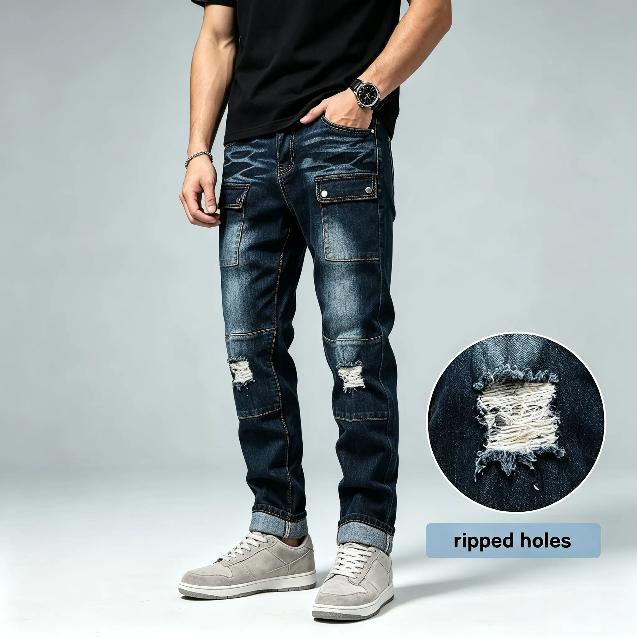 JUNBAOSS Men's Biker Zipper Deco Jeans, Mens Slim Fit Stretch Jeans Ripped Skinny Jeans for Men, Casual Fashion Straight Leg Comfort Flex Waist Cargo Denim Pants, Menswear Trouser Streetwear Jean with Plain Pockets Classic Personalized Stylish Cotton