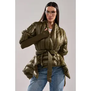RIB SLEEVE PEPLUM PUFFER IN OLIVE