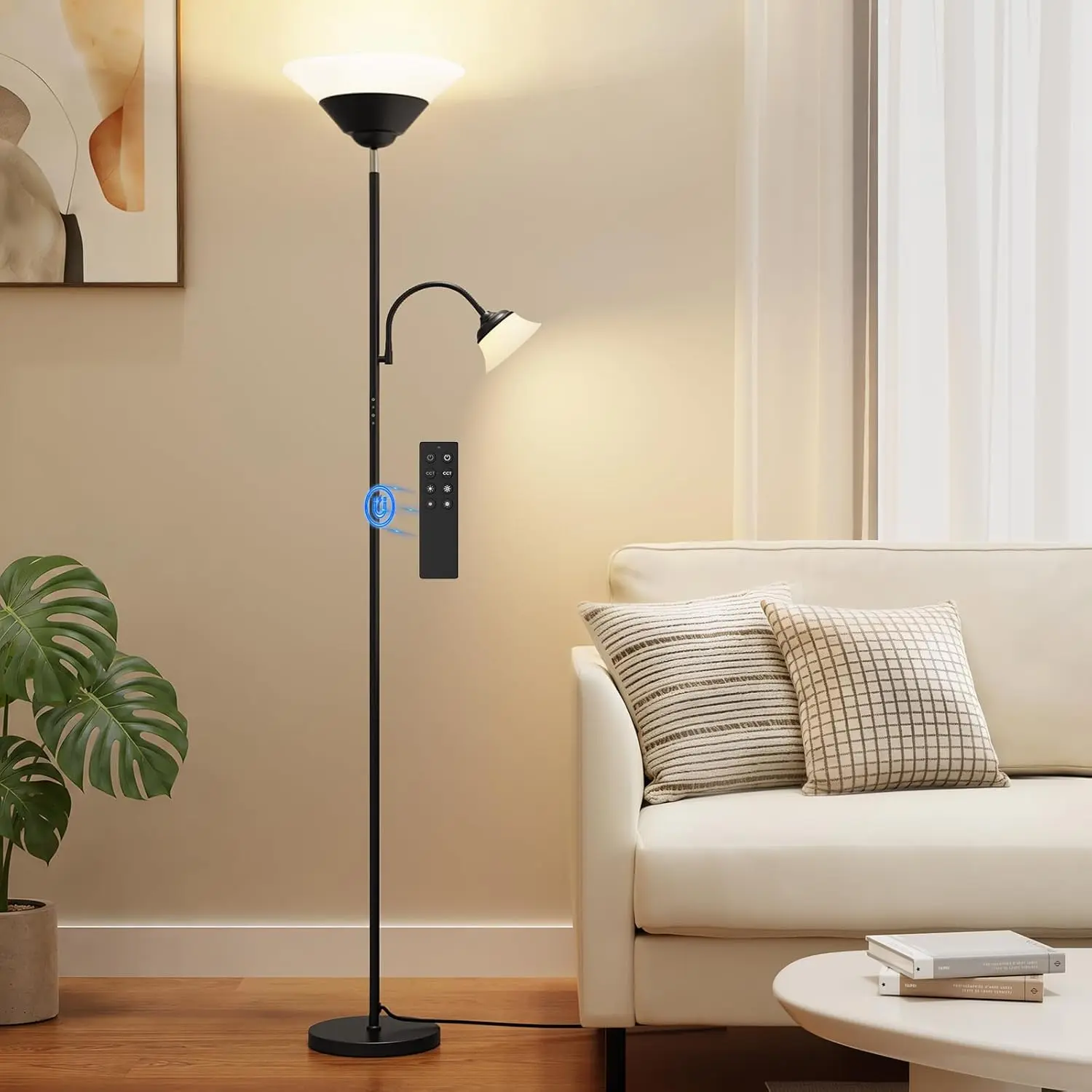 2-in-1 Torchiere Floor Lamp, 34W Super Bright LED Standing Lamp with Remote & Touch Control, 72" Dimmable Adjustable Corner Reading Lamp for Living Room, Bedroom, Office, Black