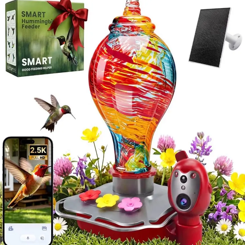 Smart Hummingbird Feeder with Camera - Hand-Blown Glass, 2.5K HD Live View, AI Recognition, Solar Powered, Smart Nectar & Water Monitor, 5200mAh Battery, Gift for Dad, Mom or Bird Lovers (26oz)