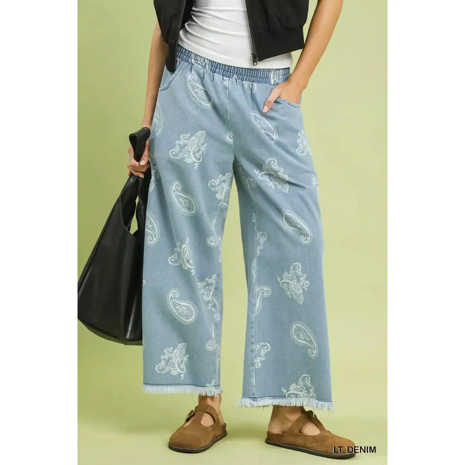 Umgee • Denim Paisley Wide Leg Pants, Casual Wear, Elastic Band, Frayed Hem, Cold Wash, Cotton, Full Length