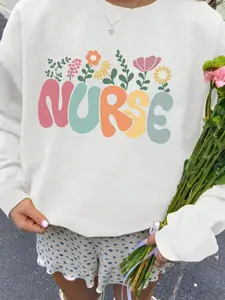 Women's Floral Nurse Print Round Neck Sweatshirt, Casual Long Sleeve Crew Neck Pullover for Fall & Winter, Women's Clothes for Daily Wear, Womenswear