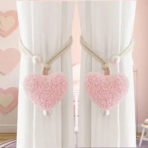 2 Pcs 3D Plush Heart & Pearl Curtain Tiebacks, Multi-use Straps for Room Decoration, Mosquito Net Ties, Door Curtain/Cafe Curtain/Blackout Curtain Fasteners