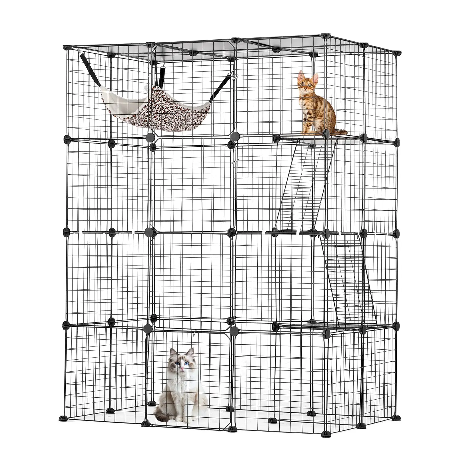 VEVOR 4-Tier Large Collapsible Detachable Metal Wire Cat Cage, 41x28x55in Patio Enclosure, 4 Mesh Doors with Spindle, 25.73 lbs, 12 Anti-Slip Mats, Hammock, Ramp, Ladders, Indoor Crate, Ideal for Kitties, Small Animals, Black
