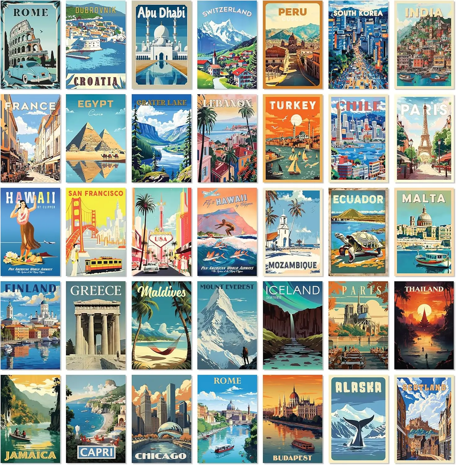 97 Decor Vintage Travel Wall Art Posters - 35 Pcs 4x6 Retro World City & Landscape Cardstock Prints, Photo Collage Kit for Teen Bedroom Home Decor