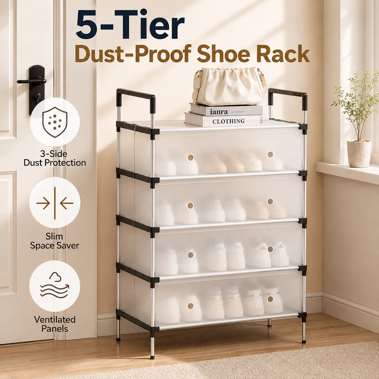 5-Tier Slim Shoe Rack with Dust-Resistant Panels and Ventilation Holes for Entryway and Closet