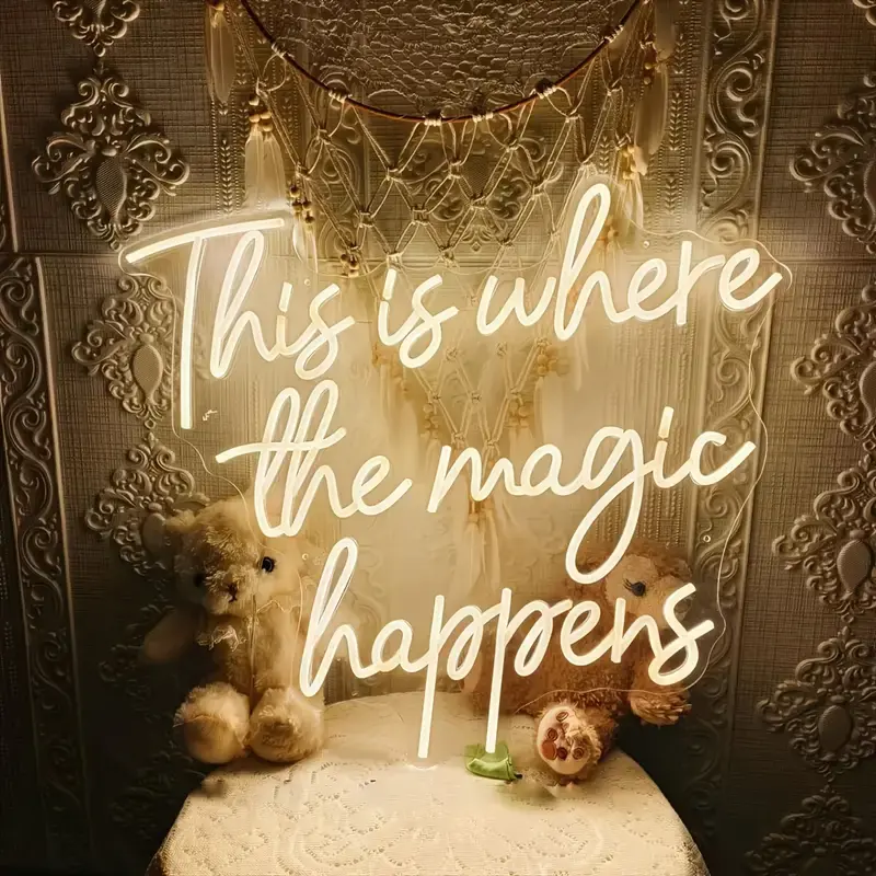 Warm White LED Neon Sign - "This Is Where The Magic Happens" Interior Lights, Home Decor Lighting, LED Light Up Whimsical Home Decor, Decorative Indoor Wall Lamp, Ideal Gift for Weddings, Birthdays