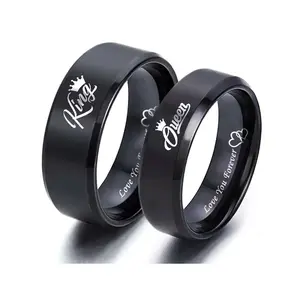 Black King Queen Letters Love You Forever Heart to Heart Couple Ring Titanium Steel Unisex Jewelry