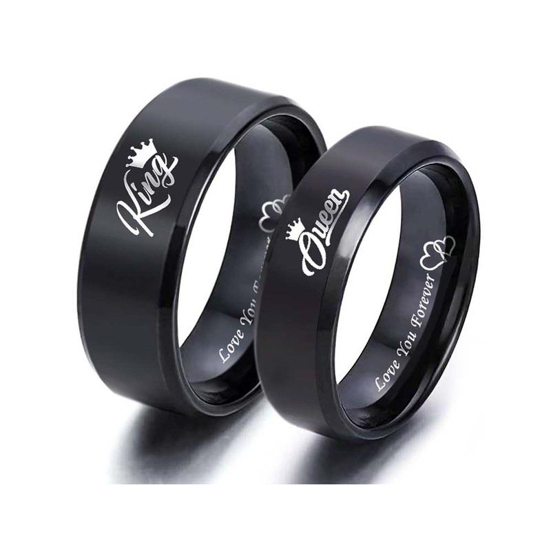 Black King Queen Letters Love You Forever Heart to Heart Couple Ring Titanium Steel Unisex Jewelry