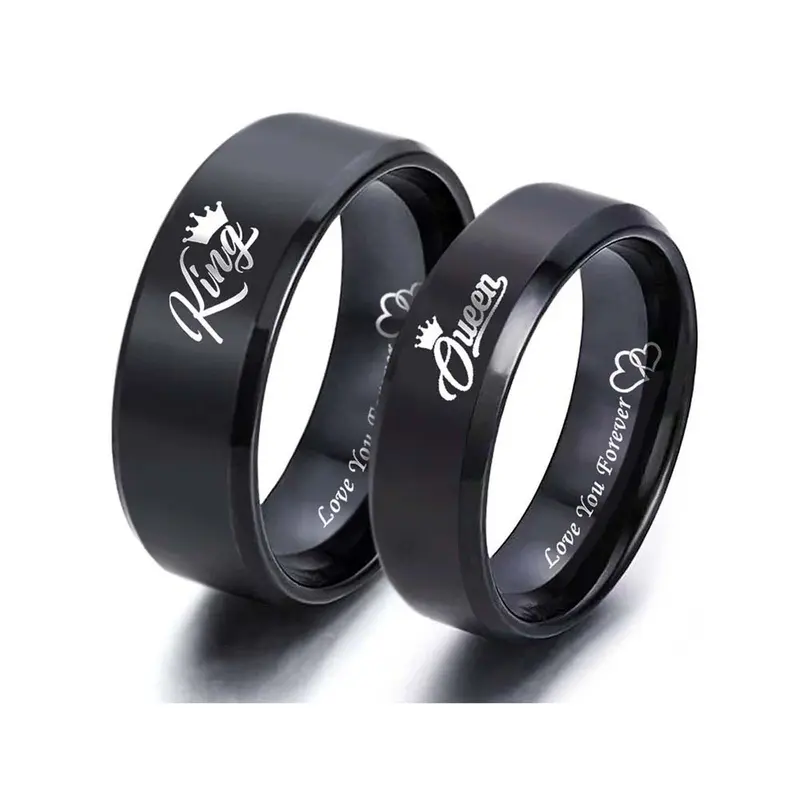 Black King Queen Letters Love You Forever Heart to Heart Couple Ring Titanium Steel Unisex Jewelry