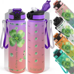 1pc,32oz Water Bottle Four Leaf Clover Flamingo Design Durable  Leak-Proof 1000ml Time Marker Water Bottle - Shatter-Resistant for Sports, Fitness, Hiking & Outdoor Travel - Large Capacity, Ide