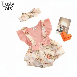 Baby Girls Two-piece Clothes Set, Pink Floral Printed Pattern Fly Sleeves Romper and Bow Knot Headdress, 0-18 Months Clothes Set, Pink Floral Printed Pattern Fly Sleeves Romper and Bow