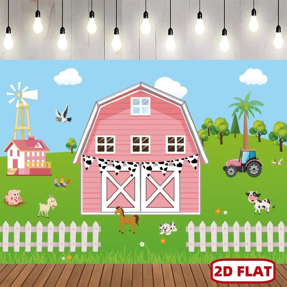1pc Polyester 2D Flat Pink Farm Birthday Backdrop, Barn Door Banner, Farm Animals Theme Party Decor for Youngsters, Western Cowgirl Photography Background