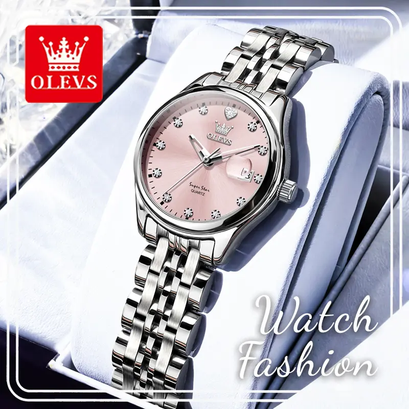 OLEVS 5649 Silver Stainless Steel Quartz Watch for Women, Elegant Luxury 28.5mm Pink Dial Wristwatch with Rhinestone Hour Markers, Date Window Display, Stable Timekeeping, Water Resistant Fashion Dress Watch, Ideal Daily Wear & Premium Gift for Ladies, 30