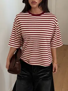 Burgundy Stripe Oversized T Shirt Womens Loose Fit Short Sleeve Crew Neck Tee Vintage Casual Streetwear Soft Cotton Basic Top Everyday Wear Y2K Minimal Chic Going Out Summer Fashion Tee