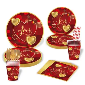 Valentine's Day Party Decorations Heart Paper Plates Cups Napkins Tableware Wedding Banquet Atmosphere Setup Disposable Plates