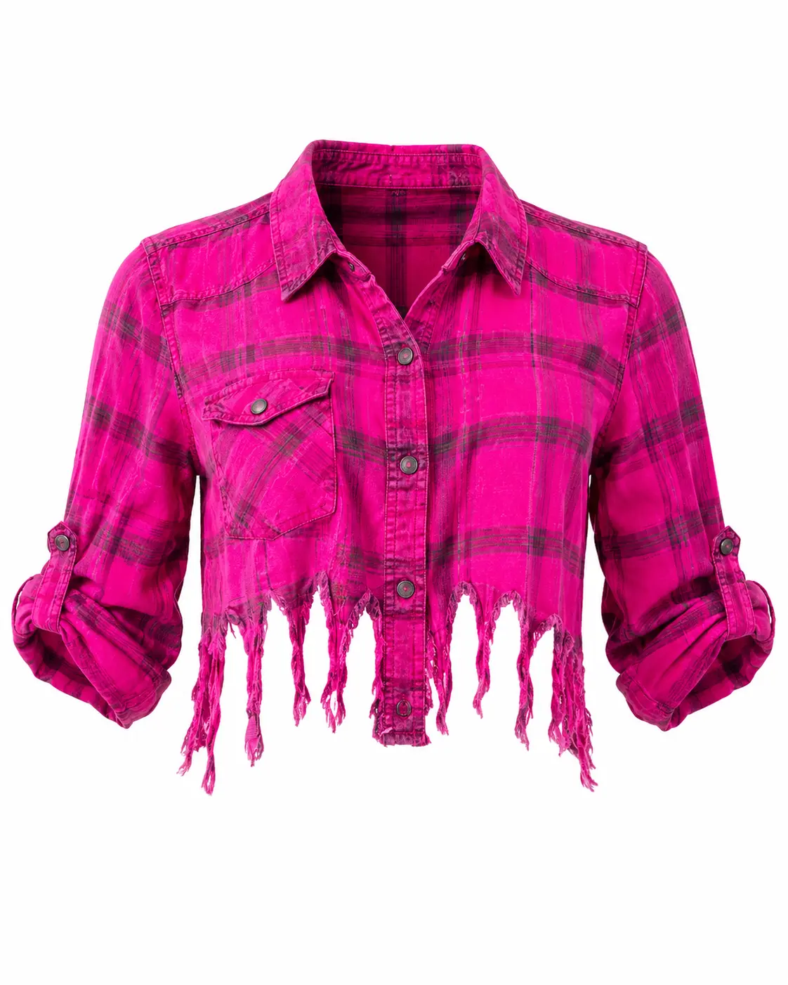 Hot Pink Distressed Plaid Cropped Flannel | One-of-One Upcycled Festival Layering Shirt