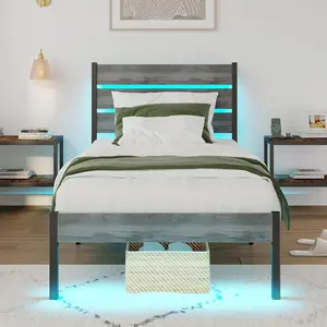 Double/King-Size Bed Frame with LED Lighting, Charging Station, and Wooden Headboard Available in Four Colors USB Ports Easy Assembly Create a Comfortable Sleeping Space Modern No Box Spring